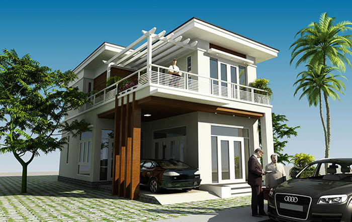 Mẫu nhà 2 tầng hình chữ l 100m2 mái bằng