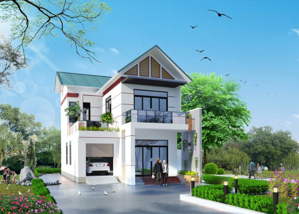 Mẫu nhà 2 tầng mái thái có gara ô tô.